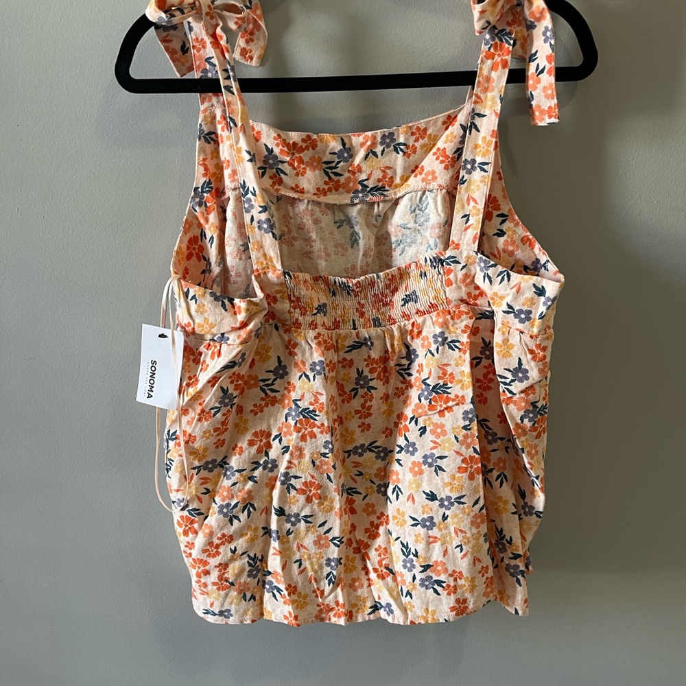 Sonoma  Orange Floral‎ Linen Blend Tie Strap Tank Top Size X Large Square Neck - Picture 4 of 6